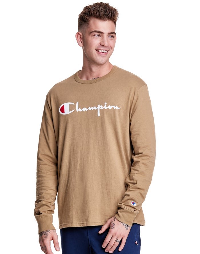 Champion Herre T-Shirts Khaki - Long-Sleeve Lightweight Script Logo - Danmark PTY-263957